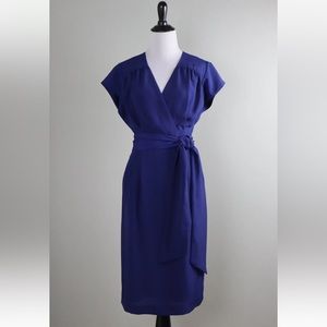 J Peterman Solid Blue Crepe Pleated Lined Belted Blouson Dress 8